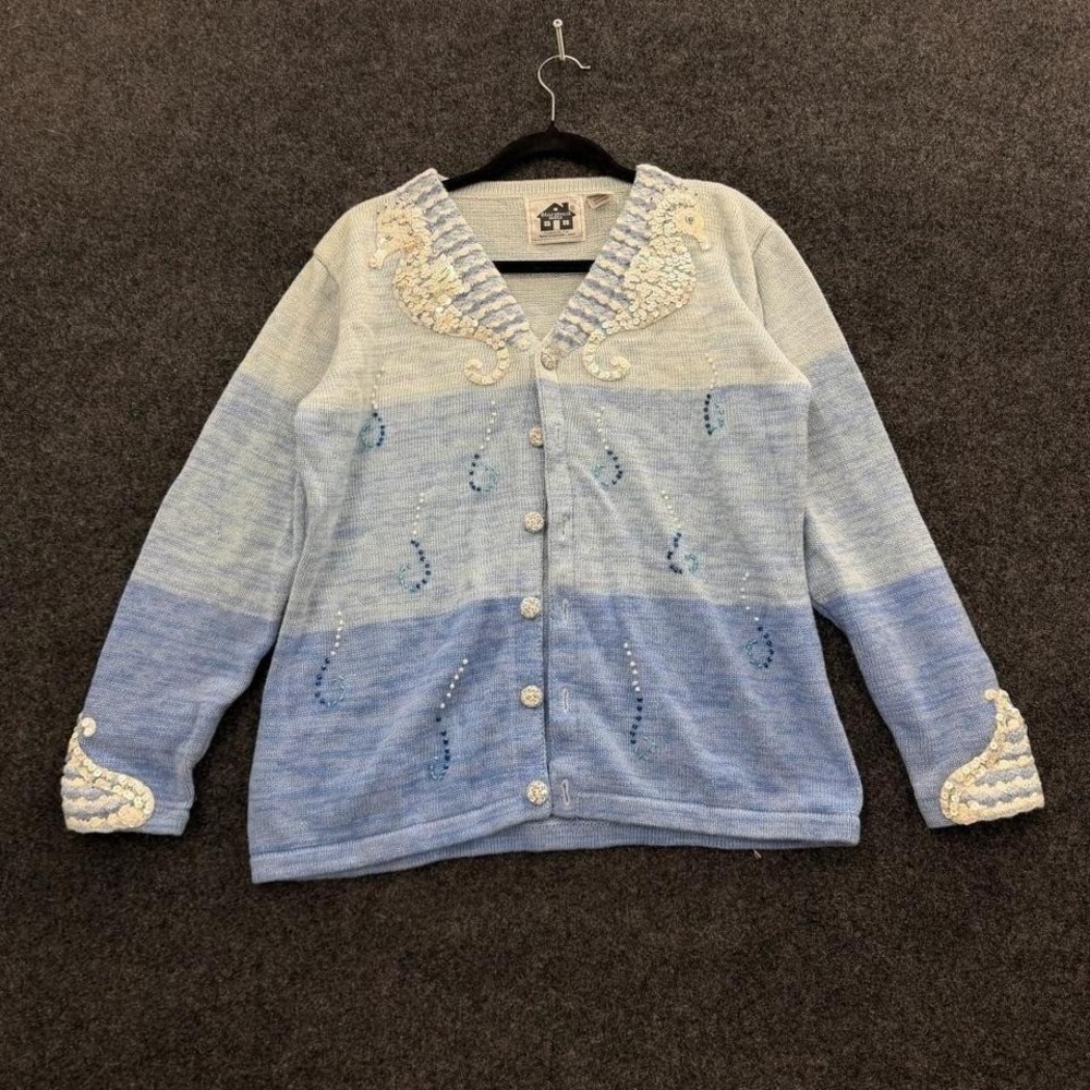 Storybook Knits Seahorse Cardigan Womens Medium Blue Sequin Beaded Sweater